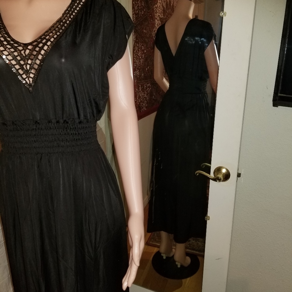 Julia Black Open Weave Silver Sequin Maxi Dress L / XL